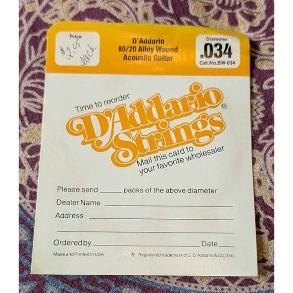 D'Addario BW034 Vintage Guitar String Acoustic Guitar 80/20 Bronze + Index Card - Picture 3 of 3